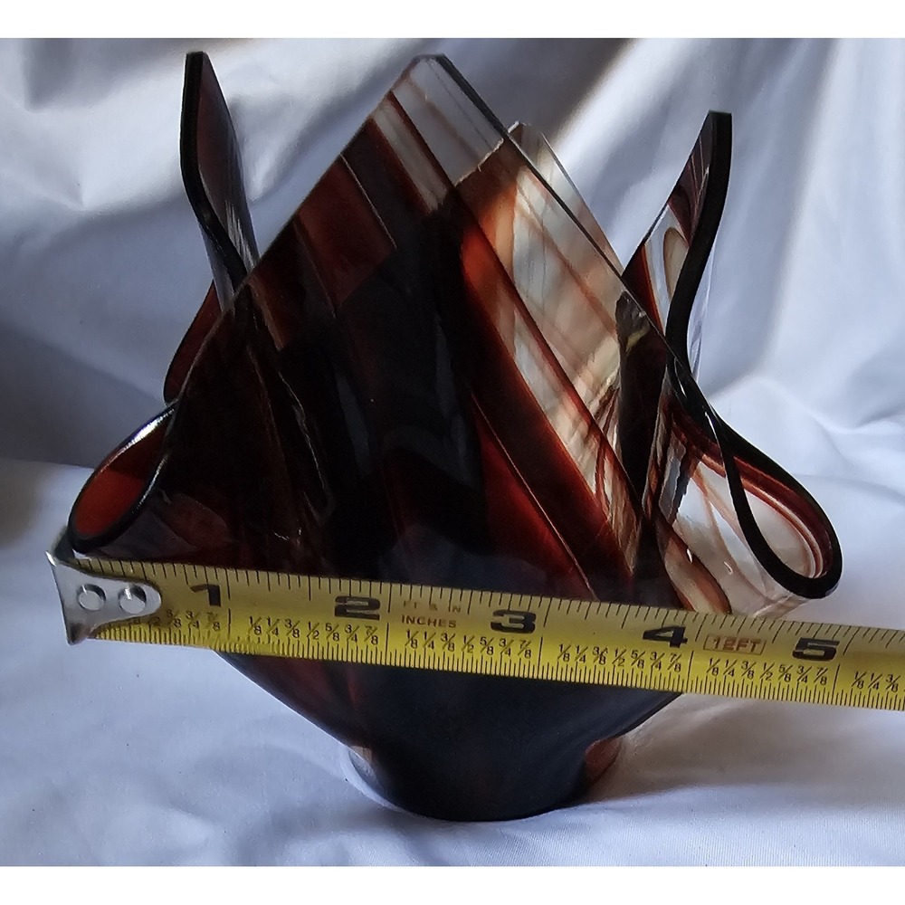 Tony Serveinte Glass Blown Folded Handkerchief Swirl Vase Signed Brown/Clear - Picture 15 of 15